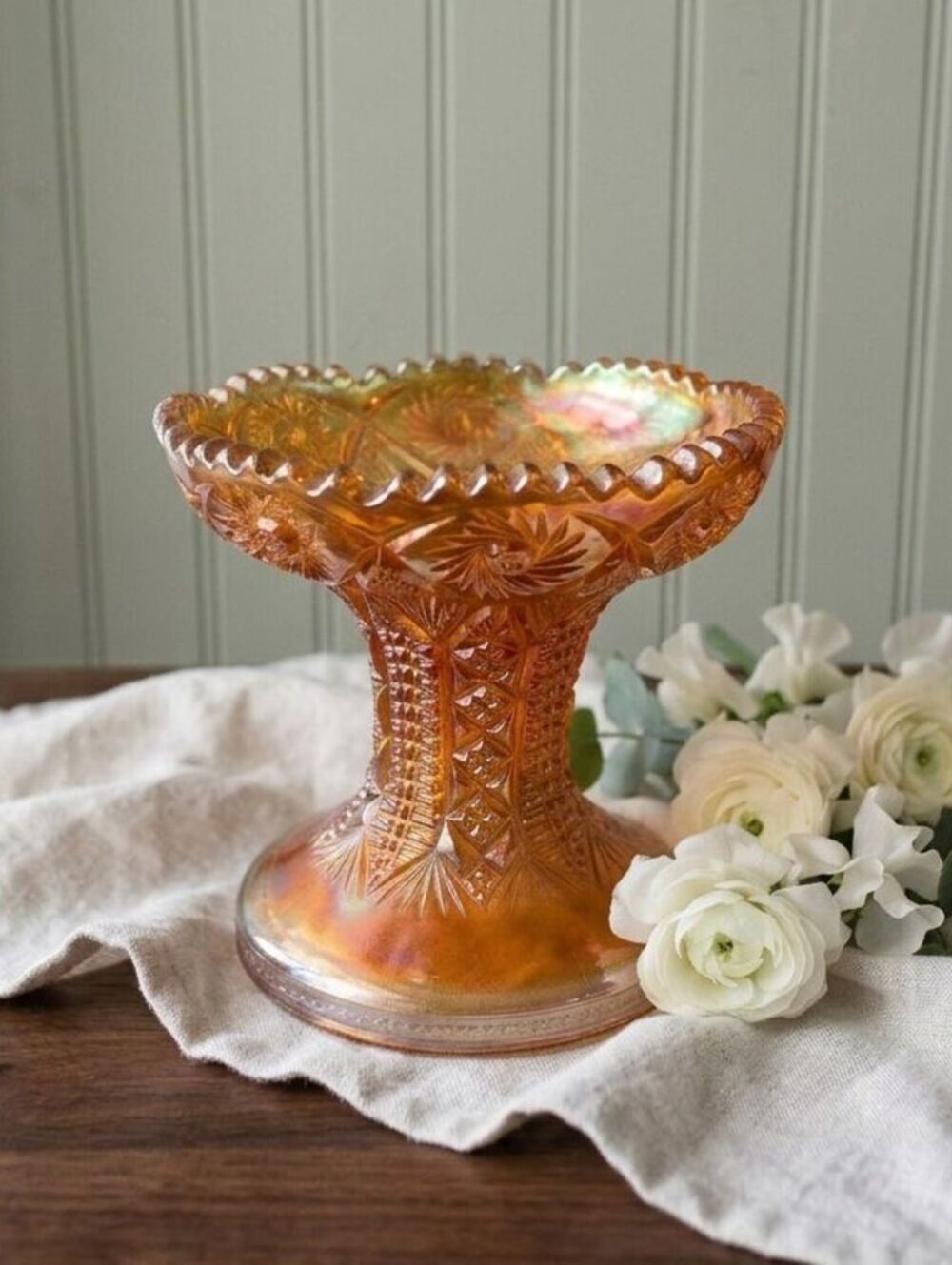 Vintage Amber Carnival Glass Pedestal Compote
